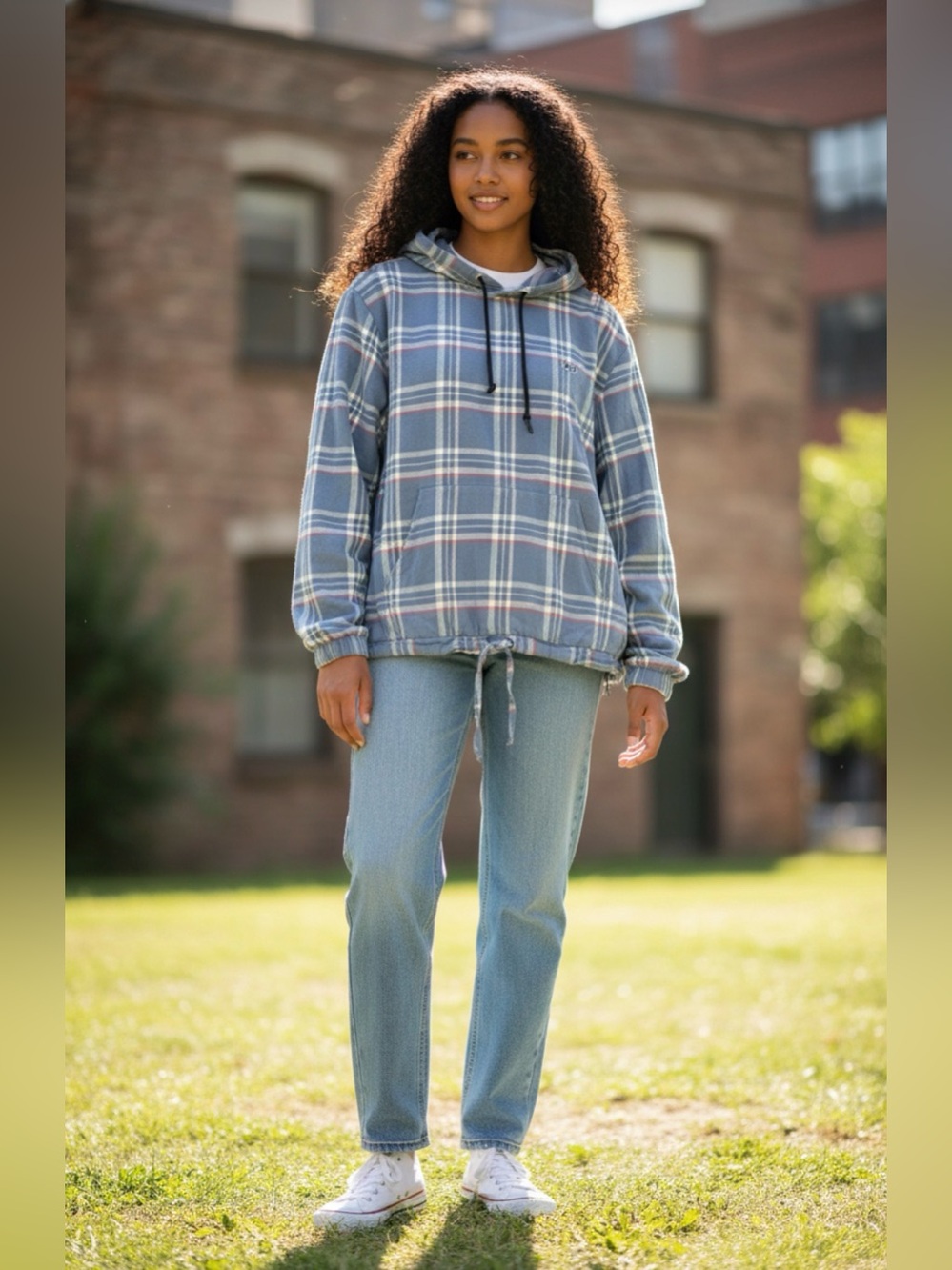 Lost Women’s Small Plaid Pullover Hoodie Blue Cotton‎ Outdoor Preppy Piling